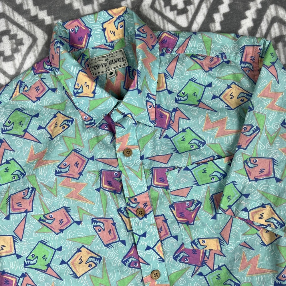 Tipsy Elves Shirt Mens L Fish Barracuda Piranha All Over Print Button 80s 90s